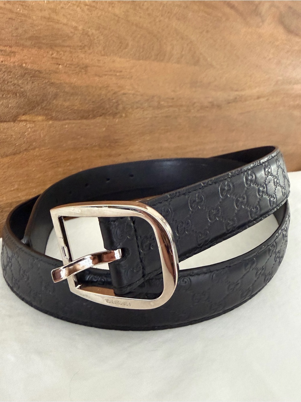 Authentic Gucci Black Embossed GG Leather Belt with Silver Buckle